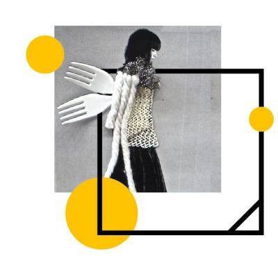 A fashion image of the outline of a woman with black hair, layered with plastic forks and string