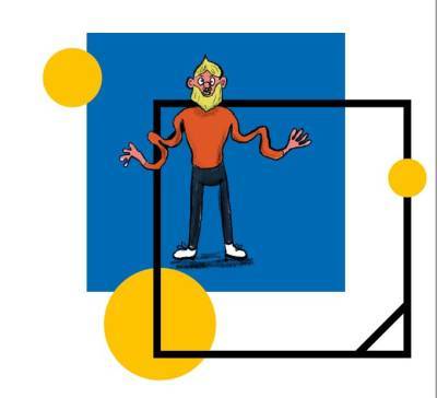 A cartoon illustration of a white male with a blonde beard and floppy hair cut, wearing an orange jumper and blue trousers. The character has really long wobbly arms
