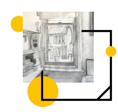 A black and white pencil sketch of a view from a cluttered bedroom window.