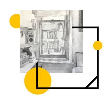 A black and white pencil sketch of a view from a cluttered bedroom window.