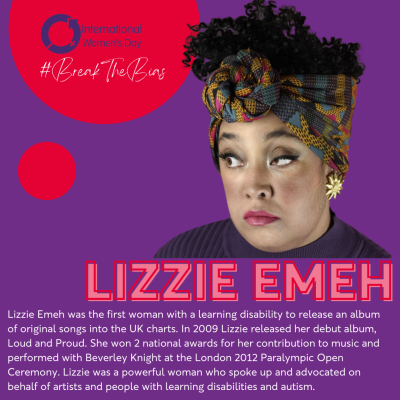 Purple background with white text highlighting the life of Lizzie Emeh with her portrait on the right