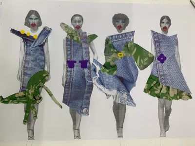 Collaged denim and floral garments on photocopied models