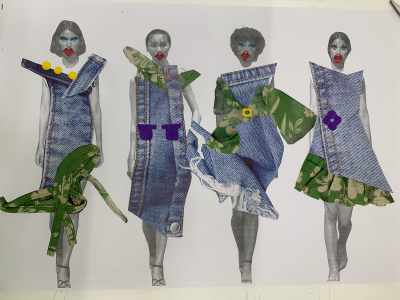 Collaged denim and floral garments on photocopied models