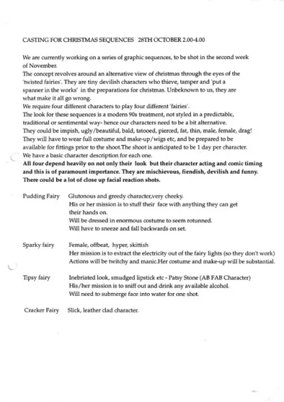 BBC2 Christmas - Wild Fairies casting notes