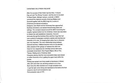 Wallace and Gromit Christmas idents press release
