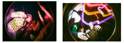 Fish eye photographs showing people and streams of coloured light