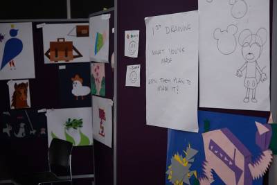 Line drawings displayed on pin boards