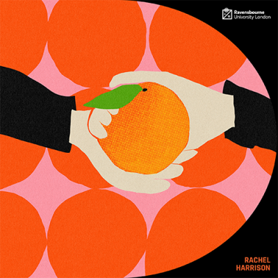 Illustration of two hands exchanging an orange