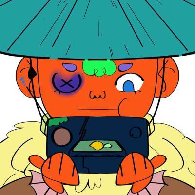 Colourful character wearing conical hat