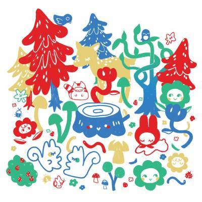 A fun colourful woodland scene with trees, flowers with faces and animals.