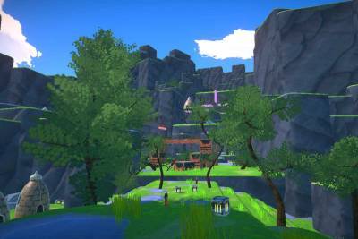 Computer generated landscape, a vast valley with trees and cliffs