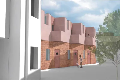 Architectural drawing, red brick homes with pink upper level and triangular projecting balconies.