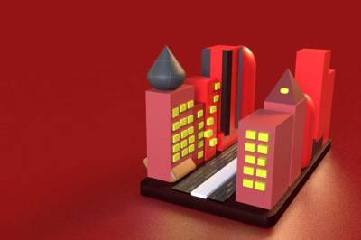 3D model, tall, red buildings with yellow windows