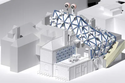 Architectural model buildings, all white with blue trellis and white flowers across the roof top.