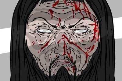 Digital illustration of a mans face, with long dark hair, a beard and blood dripping over the creases in his face