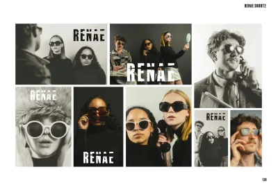 Renae logo, a grid layout, people wearing sunglasses