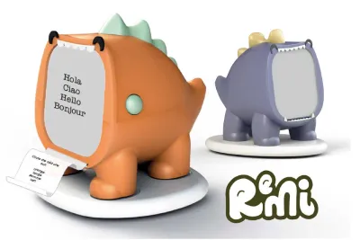 Hola, Ciao, Hello, Bonjour. Two small monitors in the form of two dinosaurs displaying greetings in several languages and printing out paper. The product's logo Remi.