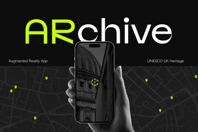 Augmented Reality App UNESCO UK Heritage. A black and grey map with lime green pins. A hand holding a phone in the forefront with a zoomed in image of a building on screen and small cube icon in the centre.