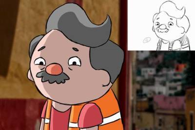 Character sketch, a round stocky man with a grey hair and moustache.