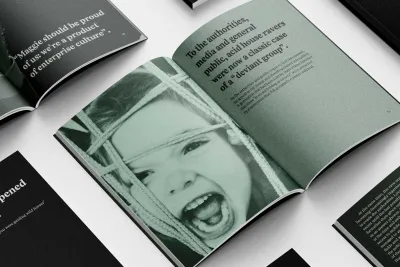 Book spread, left page is a child's face behind ropes, screaming. Right hand page reads To the authorities, media and general public, acid house ravers were now a classic case of a "deviant group".  