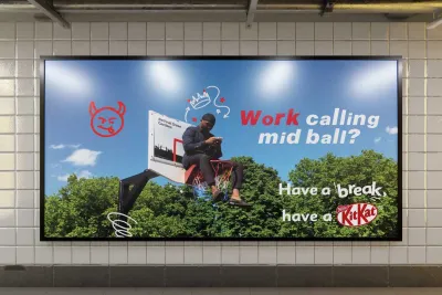 Billboard, a man sitting in a basketball hoop, looking at his phone. Text reads, work calling mid ball? Have a break, have a KitKat
