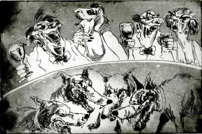 Illustration by Louis Netter black ink drawing of people drinking and laughing with snarling dogs under the table