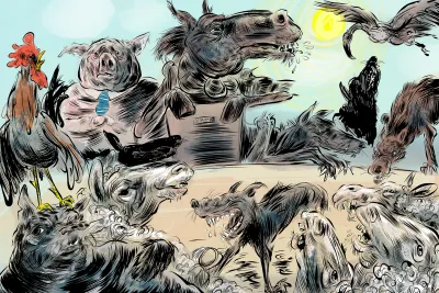 Illustration by Louis Netter digital drawing of farm animals, dogs, sheep, horses, pigs and chicken.