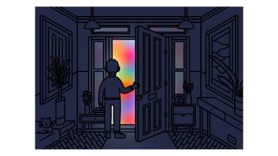 Illustrated image by David Biskup, depicts a man opening a door to rainbow colours