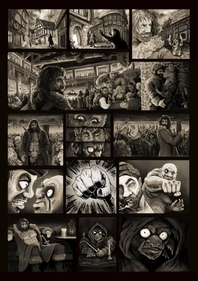 Black and white comic by Ravensbourne Character Design student