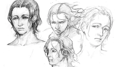 Black and white illustrations by Ravensbourne Character Design student