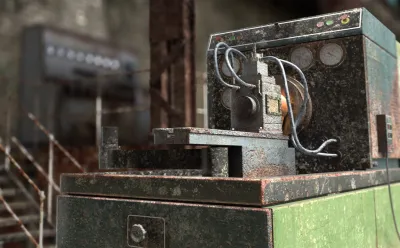 3D scene of an abandoned factory floor
