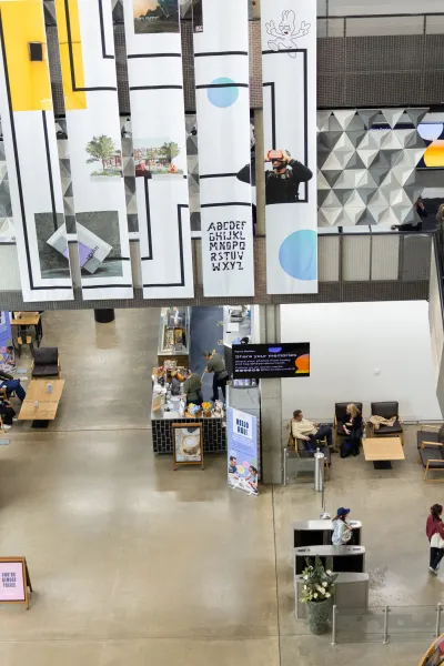 Aerial view of R1 space at Ravensbourne University with cafe