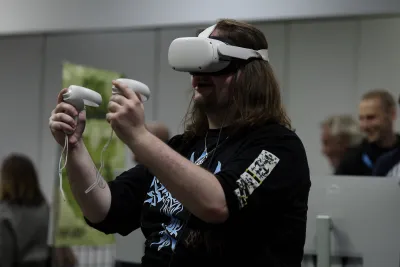 Student playing AR game