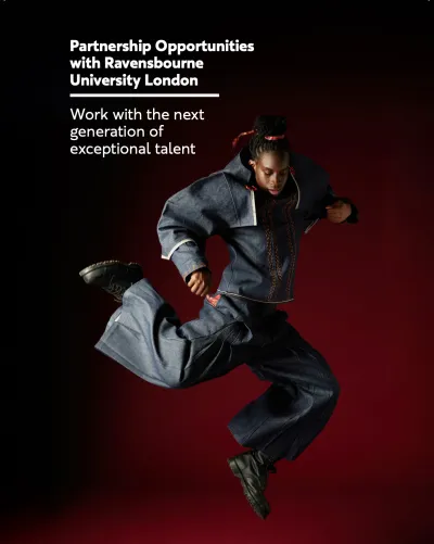 Partnerships Guide by Ravensbourne University, featuring a student leaping against a dark red background