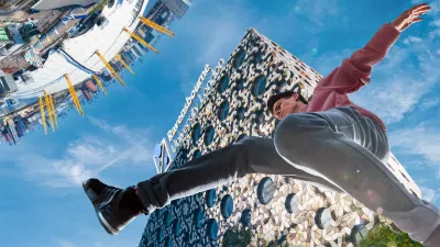 male individual making a big step in front of Ravensbourne University London