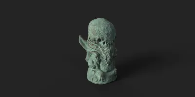 3D animation titled Idol by Iulian Dumitrache, displaying a green sculpture
