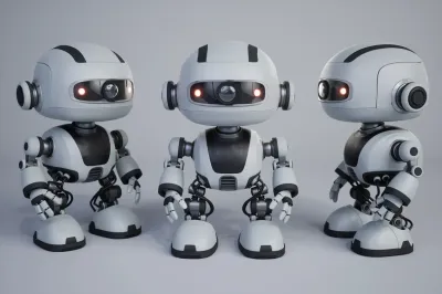 3D animation titled Roboman by Iulian Dumitrache, showing 3 small robots against a white background