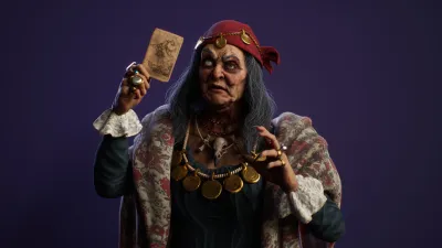 3D animation titled Samuela by Iulian Dumitrache, showing a tarot reader against a purple background