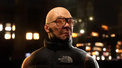 3D animation titled Sigma by Iulian Dumitrache, showing bald man with sunglasses against cityscape